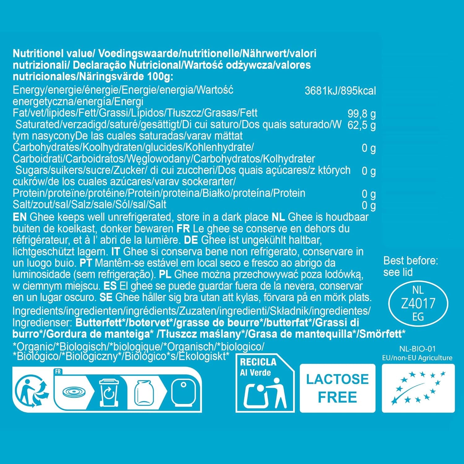Ghee Easy 850g Ghee Bio von Grasgefütterten Kühen - Ghí máslo bez Zusatzstoffe - Zertifiziert Organisch & Biologisch - Hochreines Ayurveda Ghí bez laktózy a lepku - 100% Europäisch