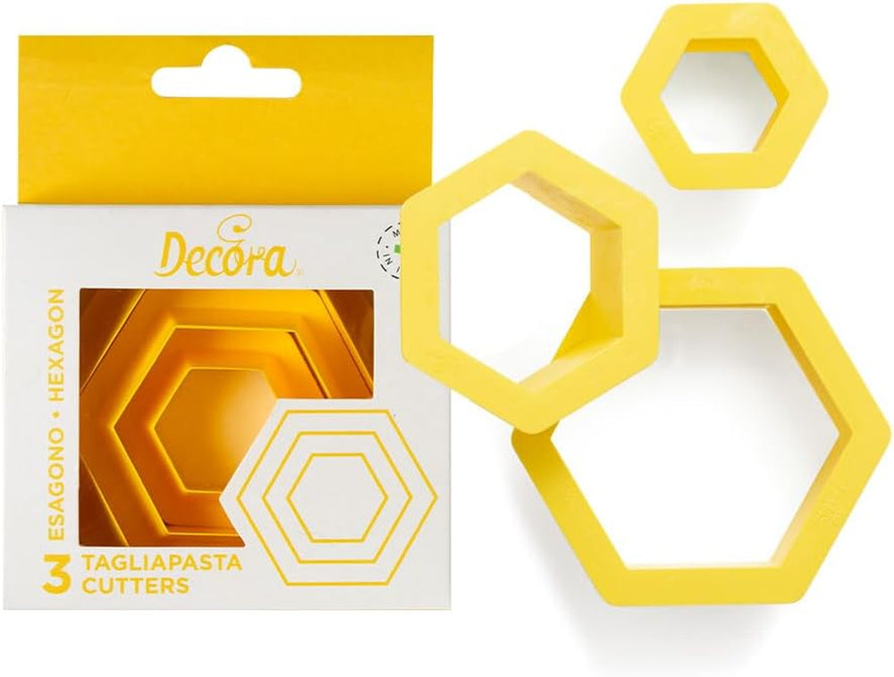 Decorare, Set de forme hexagonale pentru biscuiți, plastic, galben, 1,5/2,5/3,5 x 2,2 cm (pachet de 3)