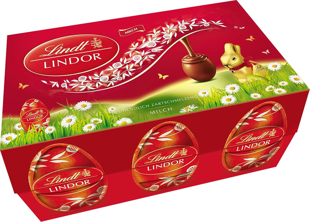 Velikonoční směs Lindt Čokoláda LINDOR | Krabice 144g | Vajíčka LINDOR, která se rozplývají v ústech ve třech variantách: Mléčná čokoláda, Hořká čokoláda, Lískový ořech | Velikonoční čokoláda | Čokoládový dárek | 1 balení