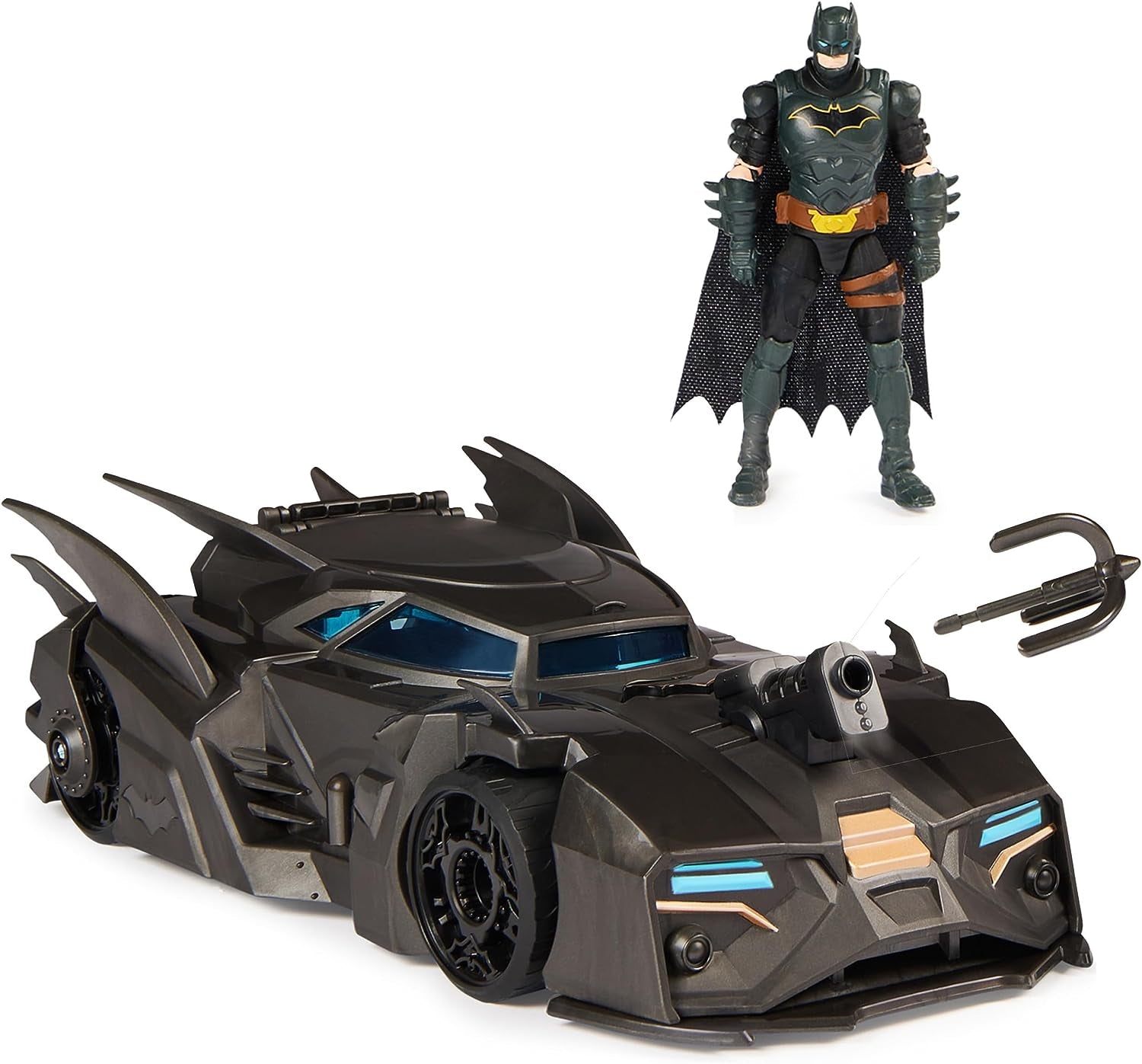 Batmobil DC Comics Batman offroad s katapultem s hákem a síťovanou zadní buňkou, včetně 10 cm figurky Batmana, pro fanoušky superhrdinů ve věku od 4 let Akční figurky Naty Shop Single