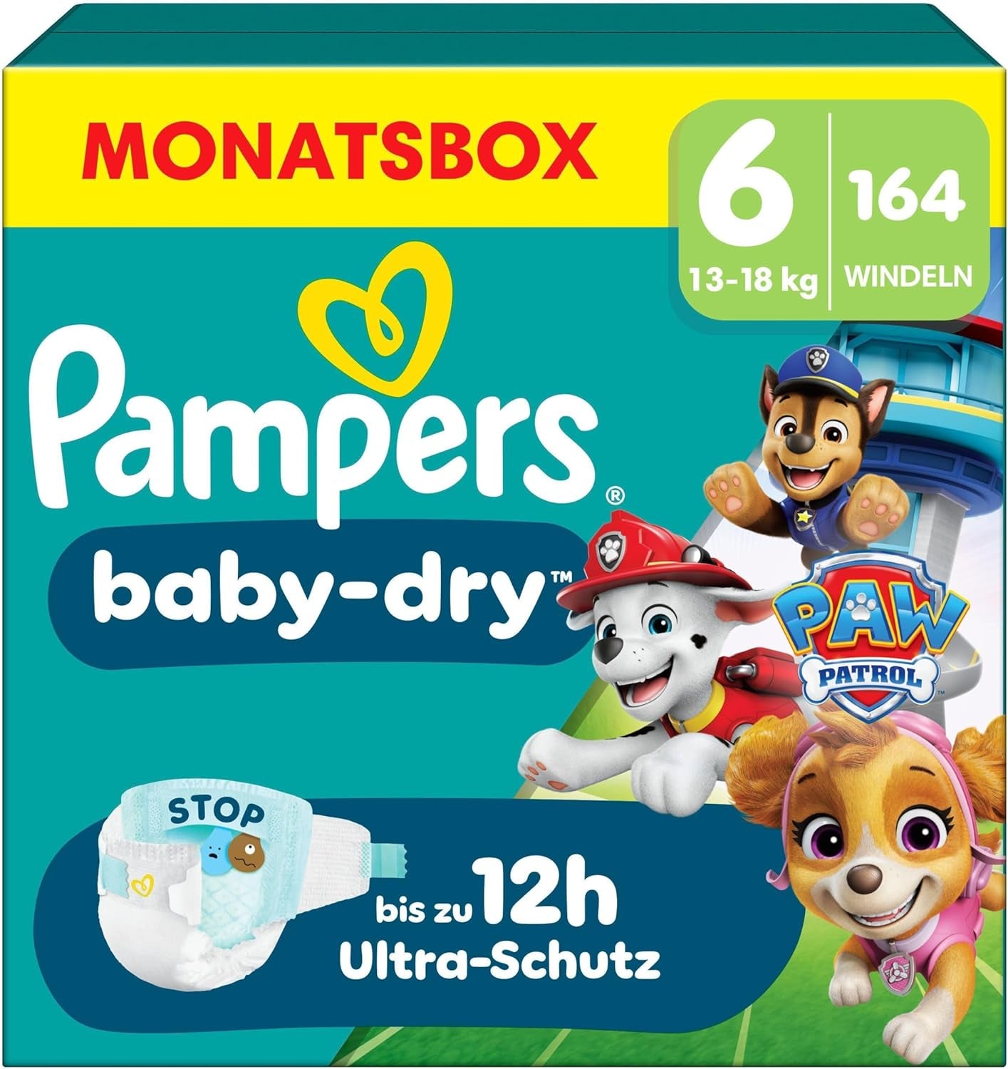 Plenky Pampers Baby-Dry Puppy Patrol Edition, velikost 6, 164 plen, 13 kg - 18 kg, až 100% ochrana proti vytečení a celonoční pohodlí