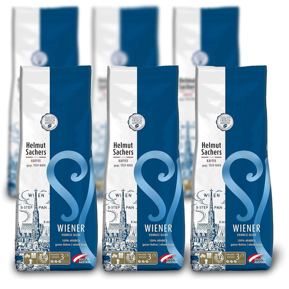 Helmut Sachers Kaffee - Vídeňská směs, Síla 3/5, 100% Arabica, Celá kávová zrna, 6 X 500G Naty Shop Výchozí název