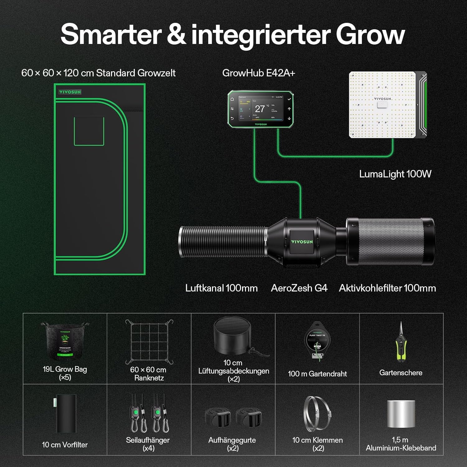 VIVOSUN Smart Grow Tent Full Set 60x60x120cm, integrovaný WiFi automatický pěstební systém se 100W celospektrálním LED světlem a účinným ventilačním systémem s ovladačem GrowHub E42A+