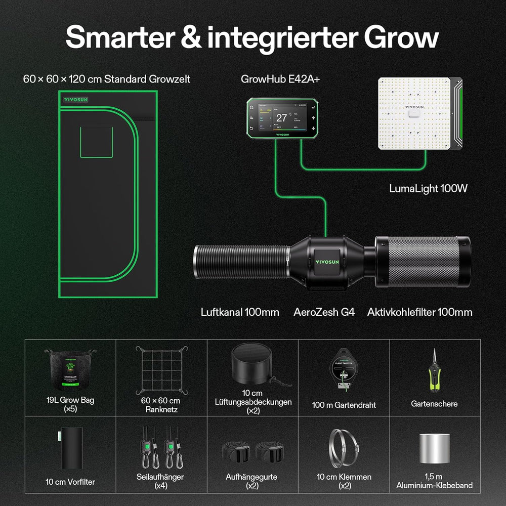 VIVOSUN Smart Grow Tent Full Set 60x60x120cm, integrovaný WiFi automatický pěstební systém se 100W celospektrálním LED světlem a účinným ventilačním systémem s ovladačem GrowHub E42A+