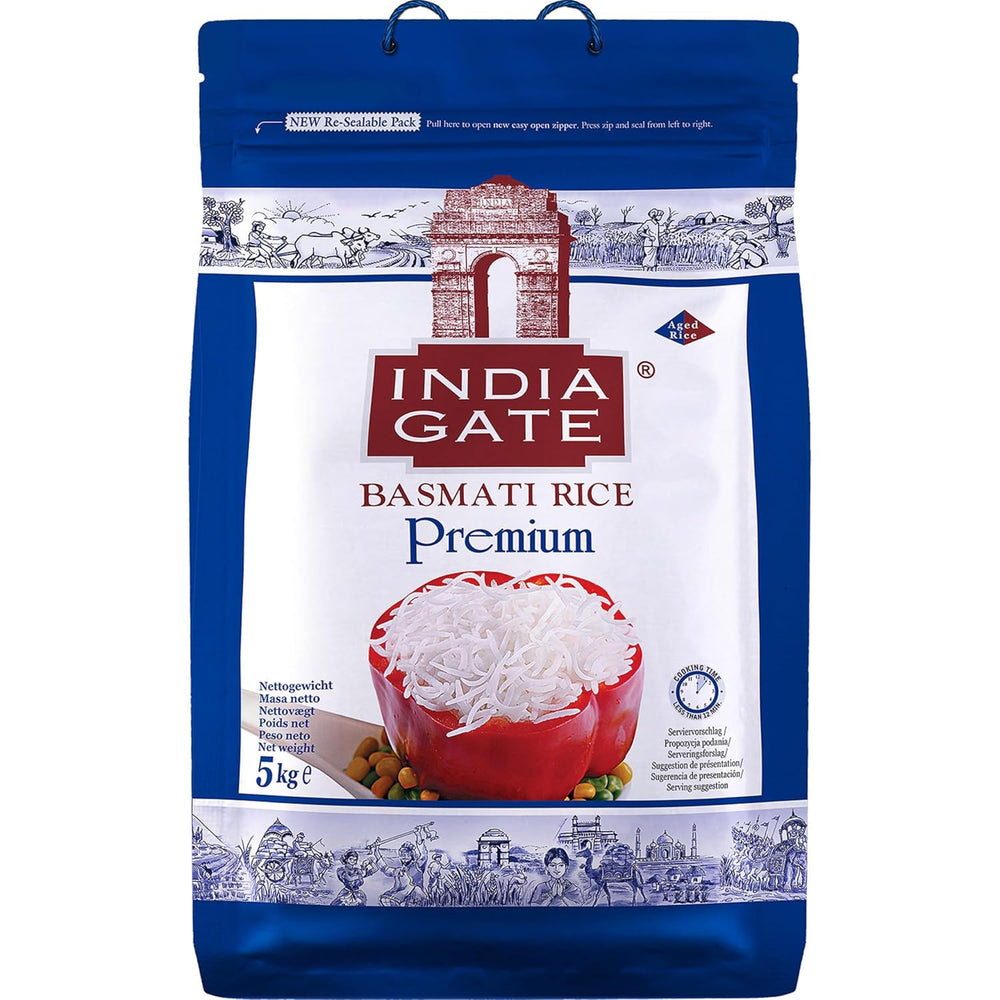 INDIA GATE Premium Basmati rýže – Jemná dlouhozrnná rýže, aromatická, z Indie, jemná dlouhozrnná (1 x 5 kg)
