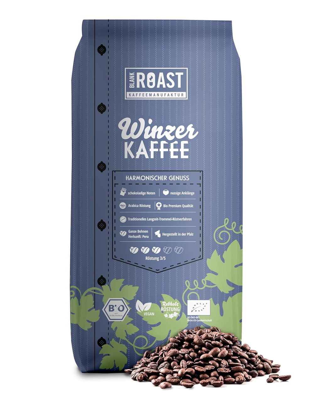 Blank Roast - BIO Winzer Kaffee 1000g - schonend mit Pfälzer Rebholz geröstet - ganze Kaffee-Bohnen aus Peru - 100% Arabica Röstung - schokoladig & nussig - säurearm