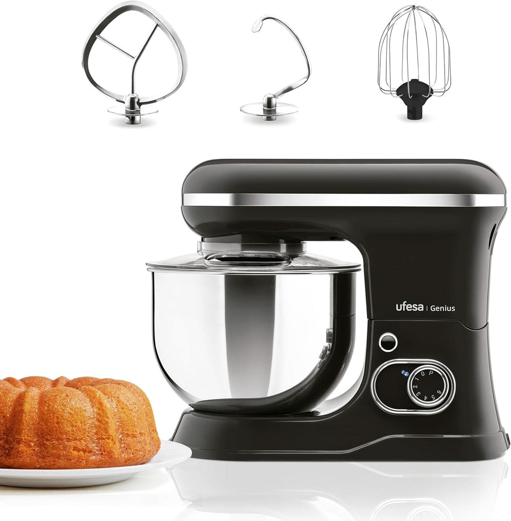 Ufesa Genius 5-in-1 Küchenmaschine Für Professionelle Bakewaren, 1200W, 5L, Multifunktions-Küchenroboter, Edelstahl-Schüssel, 6 Geschwindigkeiten + Turbo, 3 Zubehörteile Enthalten, Bpa-Frei Nadel Mother and Schwarzuty Shop