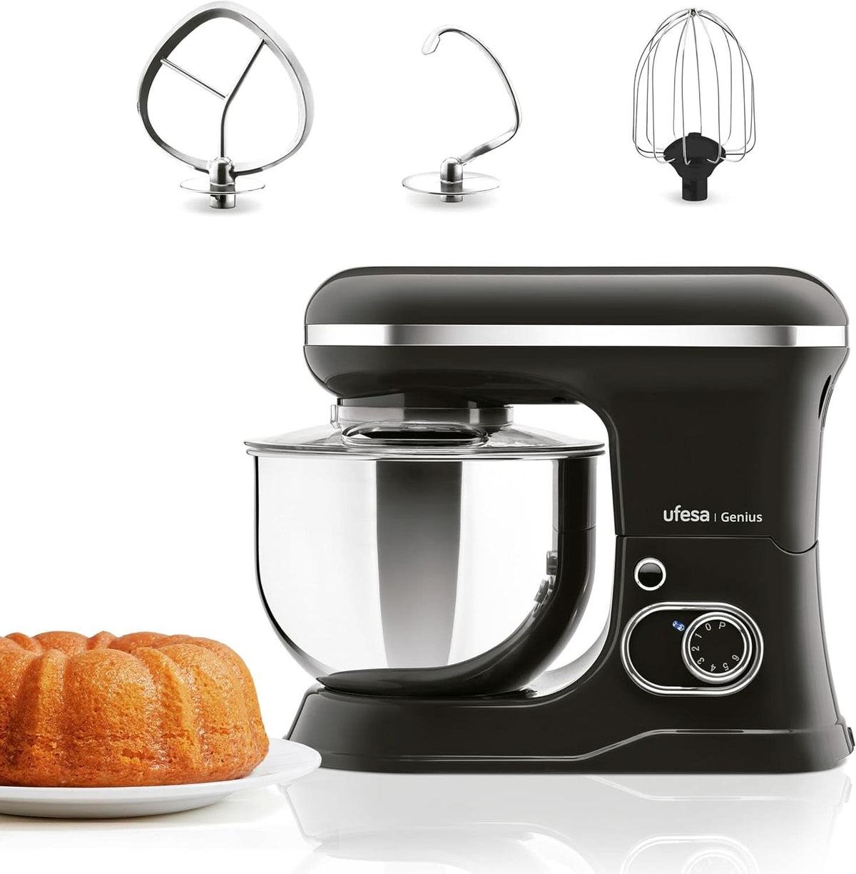 Ufesa Genius 5-in-1 Küchenmaschine Für Professionelle Bakewaren, 1200W, 5L, Multifunktions-Küchenroboter, Edelstahl-Schüssel, 6 Geschwindigkeiten + Turbo, 3 Zubehörteile Enthalten, Bpa-Frei Nadel Mother and Schwarzuty Shop