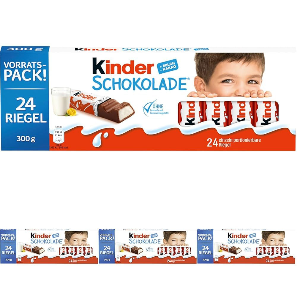 Kinder Chocolate - plněné mléčné čokoládové tyčinky - 1 balení obsahující 24 jednotlivých tyčinek (24 x 12,5 g).