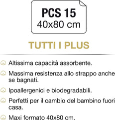 Hygienické vložky GOLD BABY, Balení 15 ks, Dětské, 100% hydrofilní bavlna, 40 x 80 cm, Hypoalergenní a biologicky odbouratelné, Dermatologicky testováno, Made in Italy Dětské vlhčené ubrousky Naty Shop