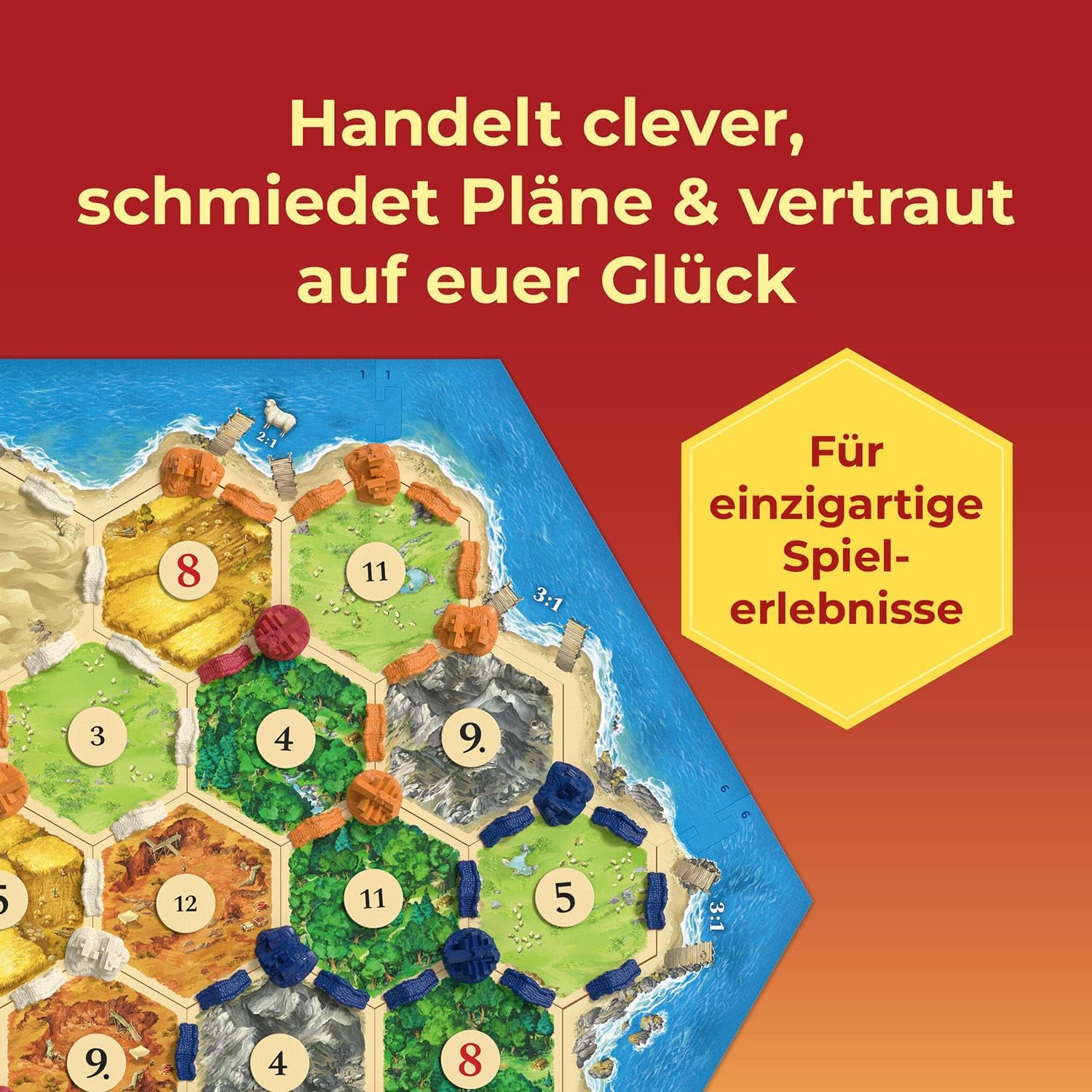 KOSMOS 684655 Catan – hra, Osadníci z Katanu, strategická hra pro 3–4 hráče od 10 let, klasická stolní hra, rodinná hra, společenská hra