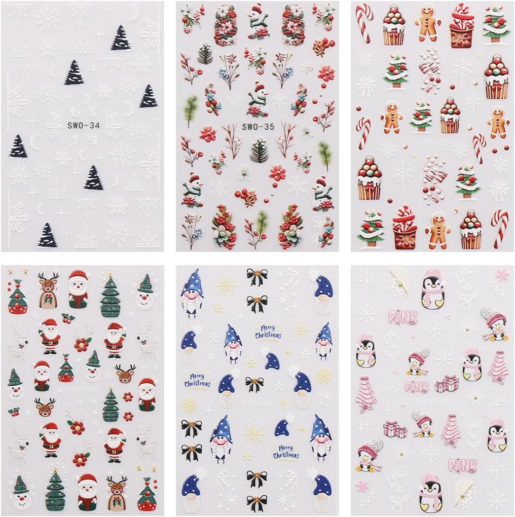 JMEOWIO Nagelsticker Weihnachten 6 Blatt Nail Art Sticker Selbstklebend Nagelaufkleber Schneeflocke Winterurlaub Niedlich Dekoration Nageldesign Zubehör