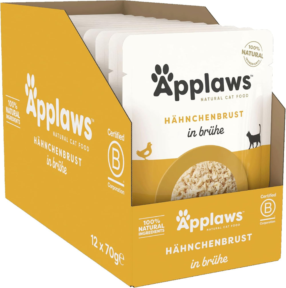 Hrană umedă pentru pisici Applaws 100% naturală, piept de pui în bulion - pachet de 12 pliculețe a câte 70 g