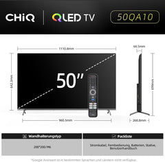 CHIQ 50QA10 Televizor inteligent QLED 4K UHD de 50 de inci cu Google, QLED Pro, DLG 120Hz, MEMC, VRR, ALLM, HDR10, Dolby Audio, 4x HDMI 2.1, gamă largă de culori, carcasă metalică fără ramă, Chromecast, Asistent Google