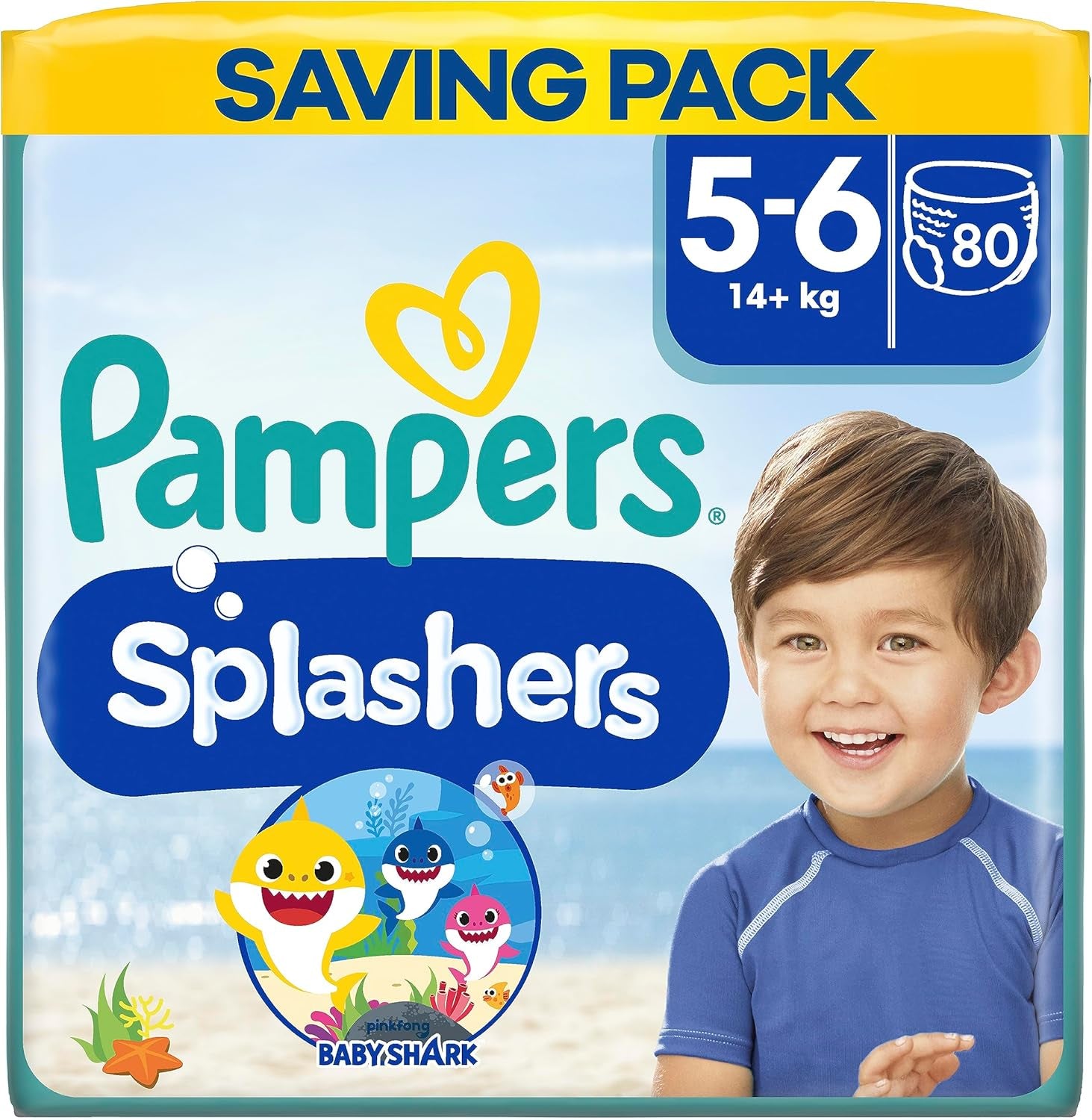 Pampers (stará verze), Splashers Jednorázové koupací šortky – Velikost 5/6 (14 kg+) – Krabice 8 balení po 10