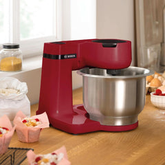 Bosch Küchenmaschine Serie 2 MUMS2ER01, Edelstahl-Schüssel 3,8 L, Planetenrührwerk, Knethaken, Schlag-, Rührbesen Edelstahl, Durchlaufschnitzler, 3 Scheiben, 700W, Rot Mama si Copilul Naty Shop