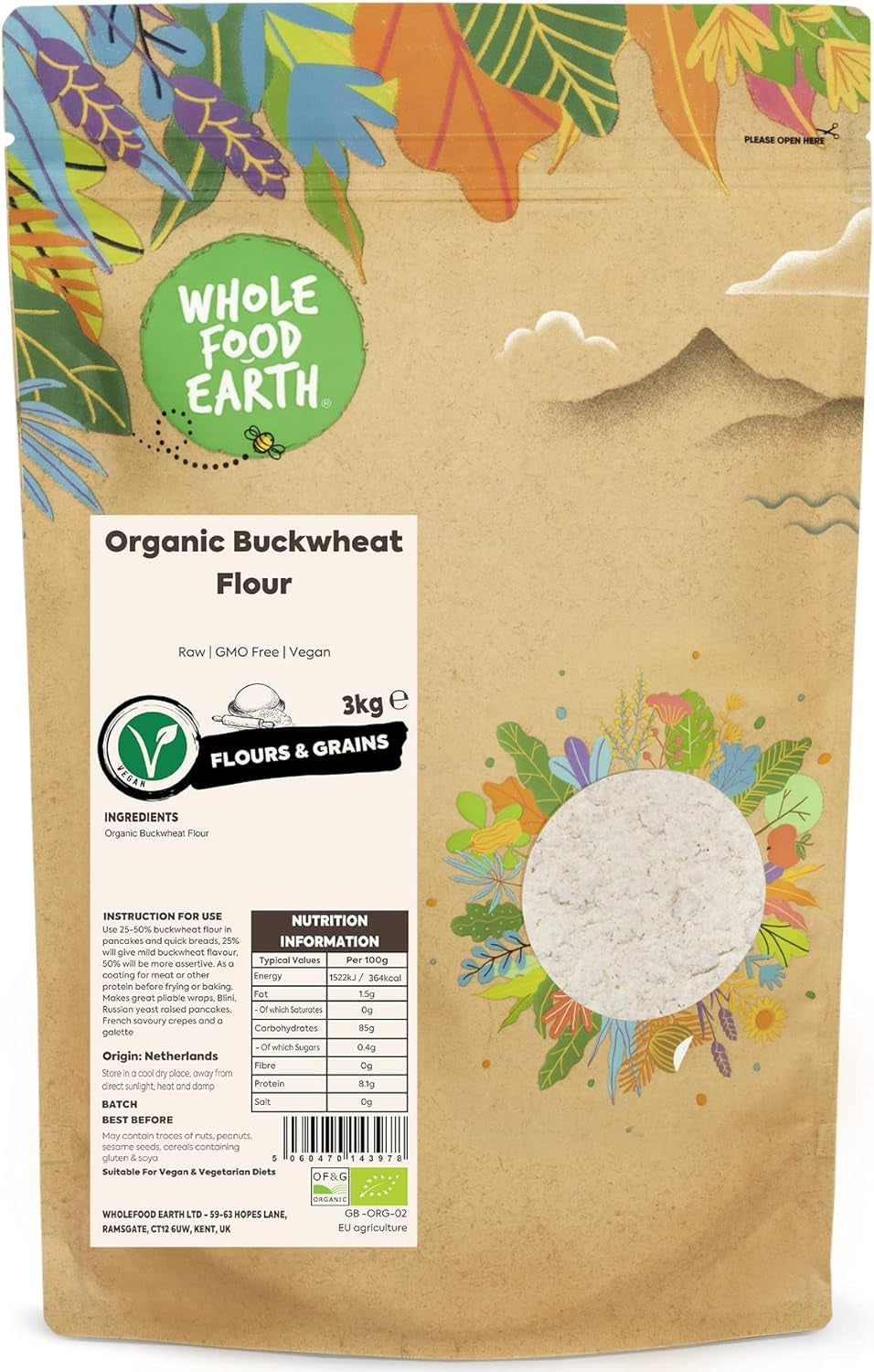 Wholefood Earth bio pohanková mouka 1kg | Krutý | Bez GMO | Vegan | Certifikované organické
