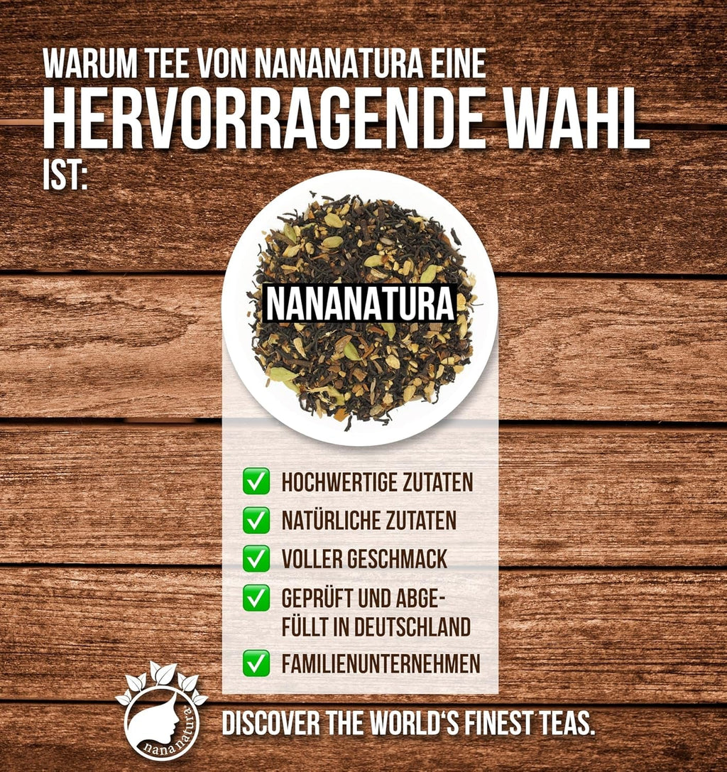 Nananatura'S MASALA CHAI TEE 100G | Perfect pentru ceai chai, chai latte cu lapte sau chai rece | 100% natural | Ceai negru delicios cu condimente indiene aromate | Încălzitor și energizant