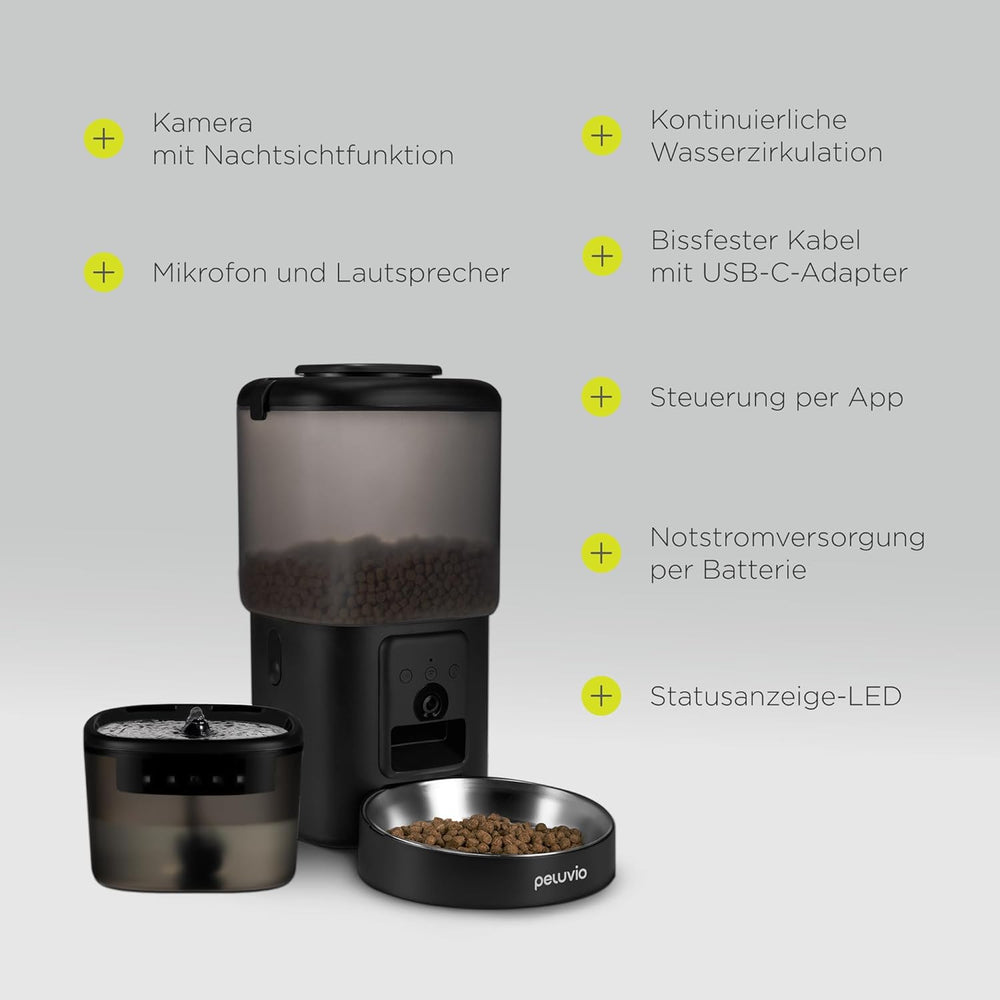 Feast Automatische Futterautomat Katze s aplikací a kamerou, Live-Video s Nachtsicht a Zwei-Wege-Audio, Portionskontrolle, Edelstahl-Napf, Katzen Trinkbrunnen s filtrem, 4,5 l a 2,5 l