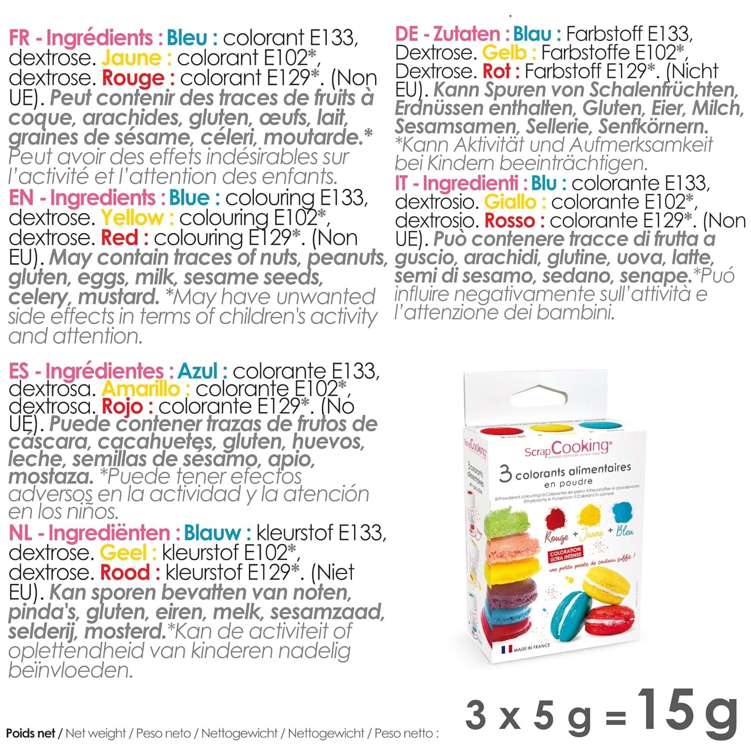 ScrapCooking, Sada 3 práškových potravinářských barviv - červená, žlutá, modrá, 3 x 5 gramů Naty Shop