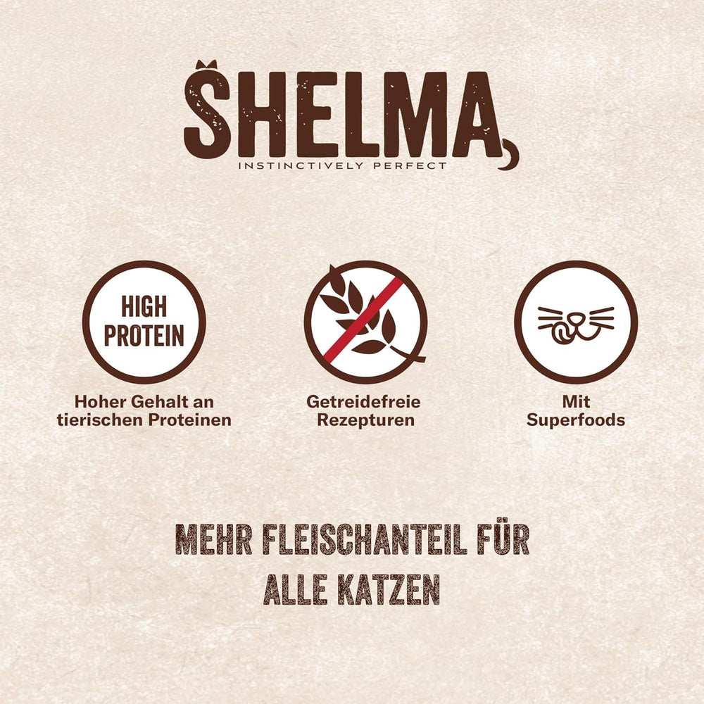 Hrană umedă pentru pisici Shelma cu pui în sos cu roșii și ierburi – Hrană completă fără cereale cu conținut ridicat de carne – 28 x 85 g (2,38 kg)