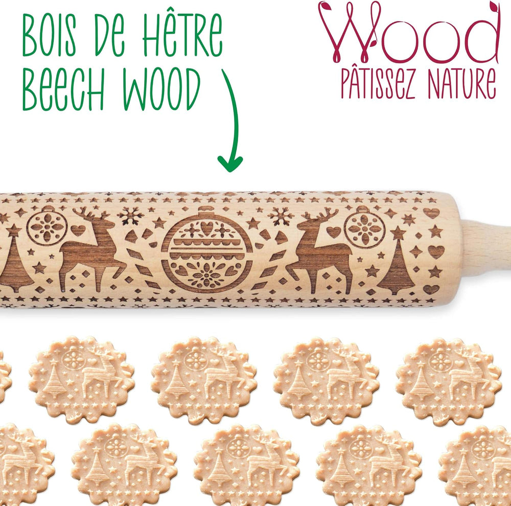 Vaření šrotu Teigrolle aus Holz "Xmas" mit weihnachtlichen Motiven – Prägerolle mit gepfragten Verzierungen für Kekse – dekorativní Zubehör – 5242