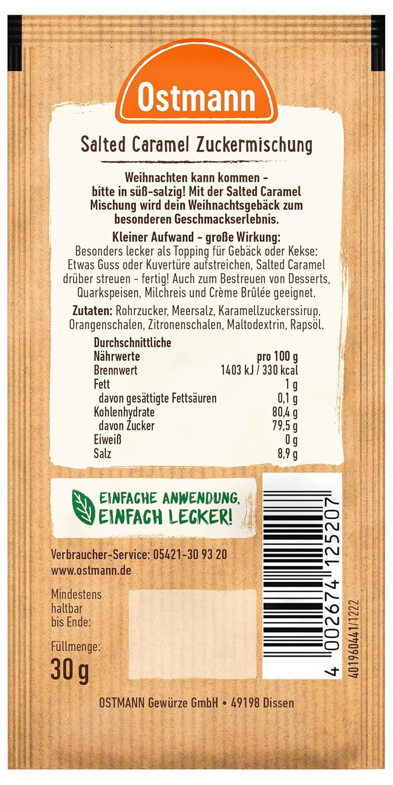 Ostmann Gewürze – Slaný karamel Zuckermischung, süß-salzige Mischung für Kekse, Gebäck und Desserts, 30 g v sáčku