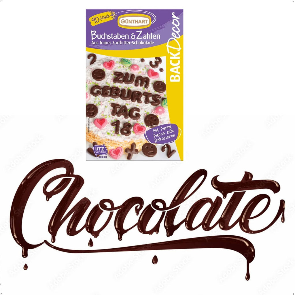 Günthart Backdecor, 90 bucăți litere de ciocolată, alfabet și numere din ciocolată neagră fină, 47 grame Naty Shop