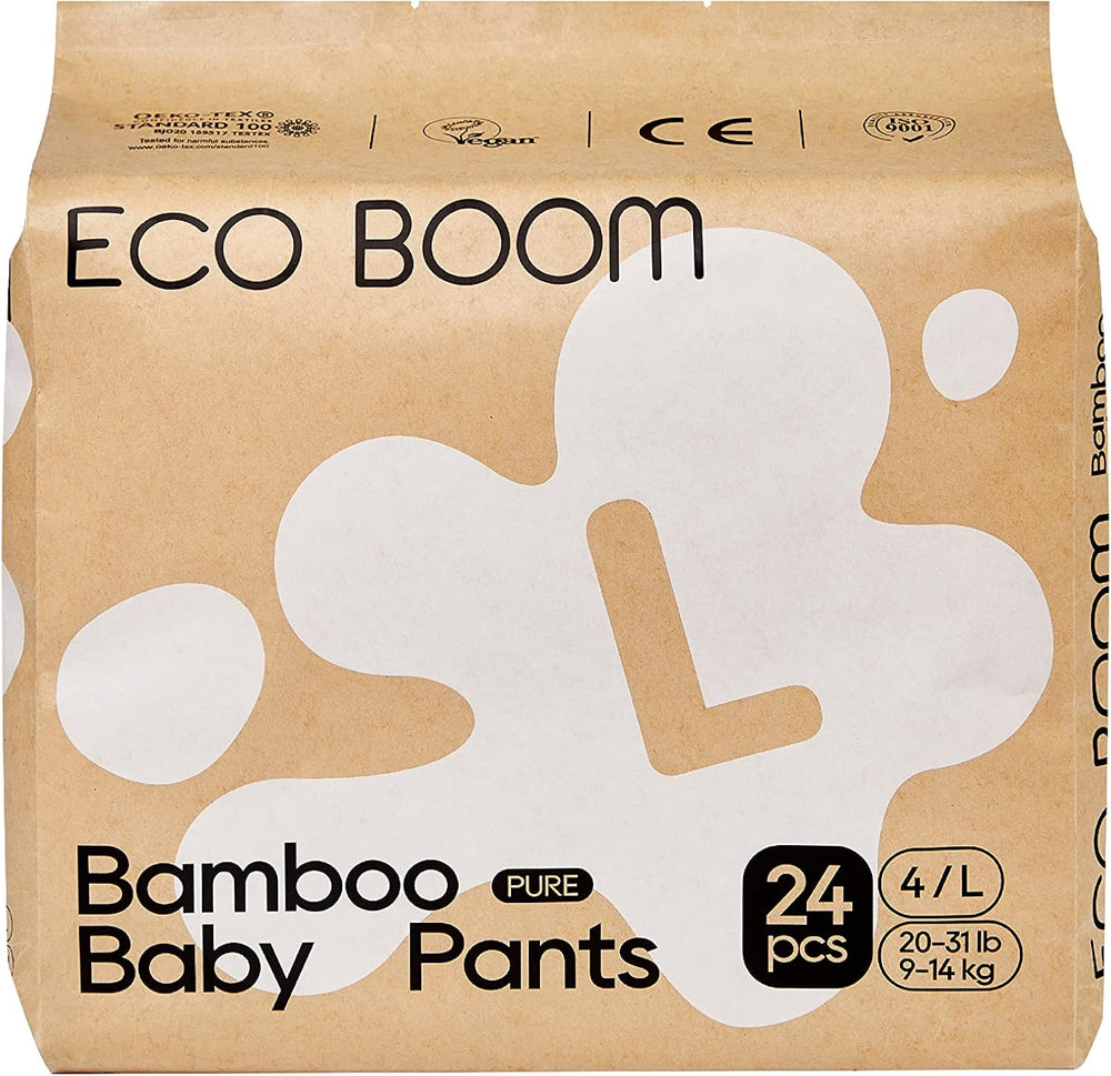 Bambusové dětské plenky ECO BOOM – velikost 6 (20 kg), rostlinné stahovací plenky (17 ks) – prémiové organické, bez parfemace, šetrné k pokožce, super savé