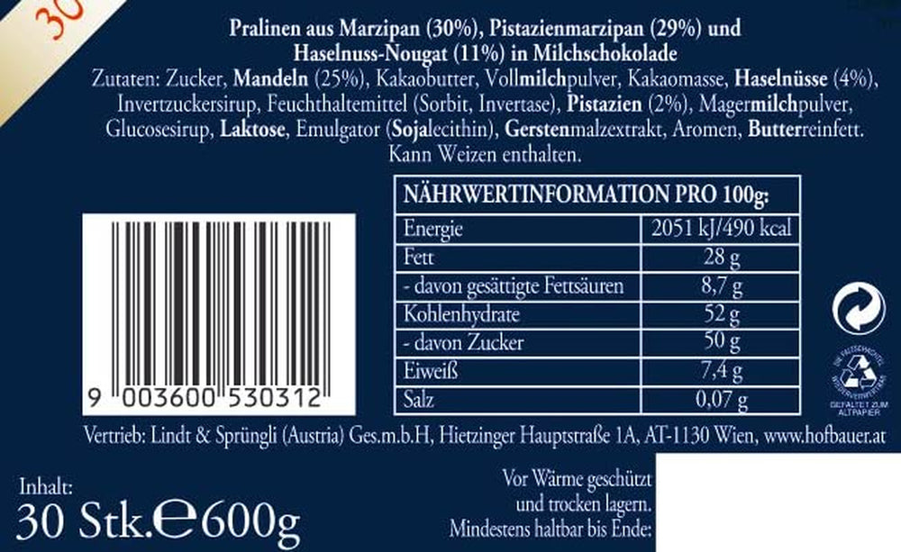 Hofbauer Vienna Mozartkugeln Krabice mléčné čokolády 600g (30 kusů)