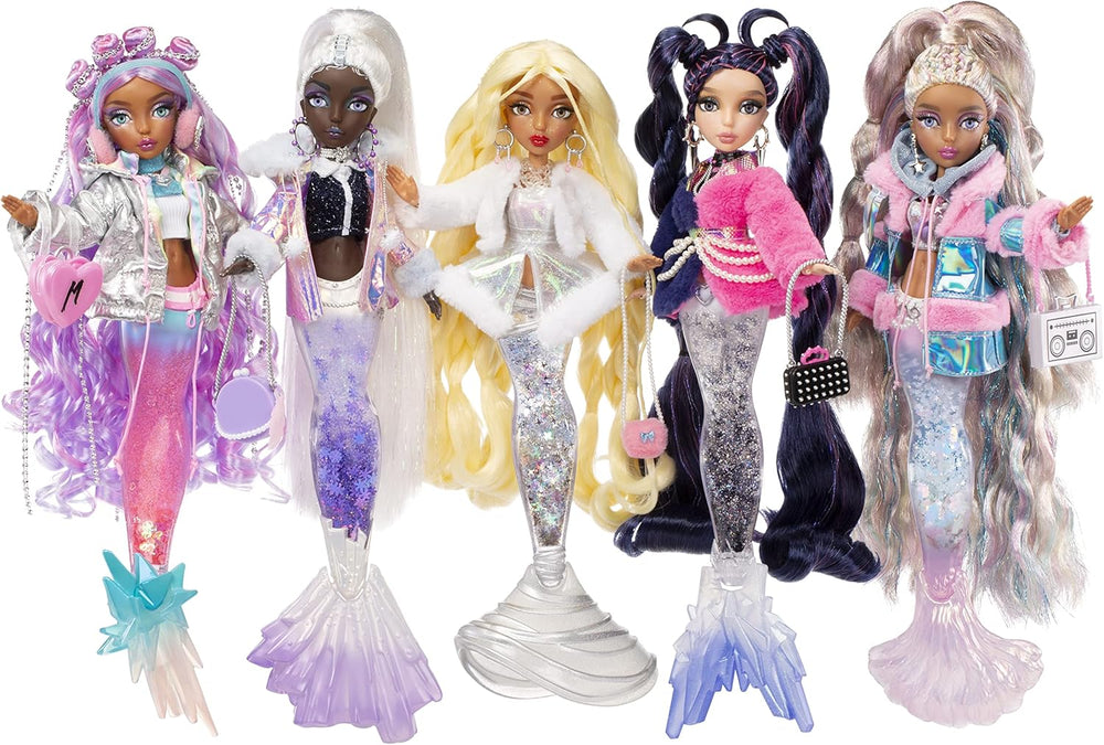 Mermaze Mermaidz™ Zimní vlny Crystabella™ Meerjungfrau-Modepuppe s barevnou vatou, lesknoucí se schwanz und Zubehör
