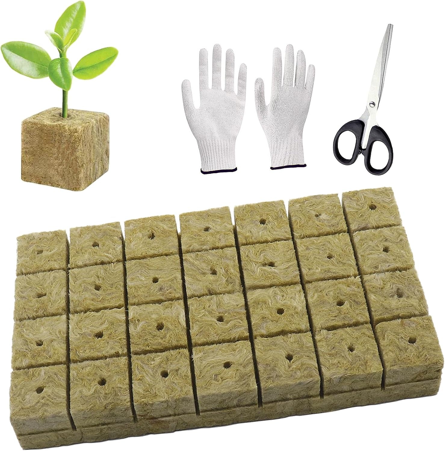 50 ks podložka na pěstování z minerální vlny, kostka z minerální vlny, izolace z minerální vlny, podložka na pěstování z minerální vlny s nůžkami a rukavicemi pro pěstování bez půdy, hydroponii a přesazování