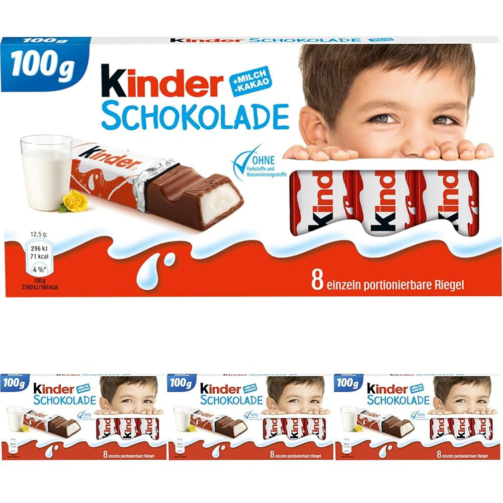Kinder Chocolate - plněné mléčné čokoládové tyčinky - 1 balení obsahující 24 jednotlivých tyčinek (24 x 12,5 g).