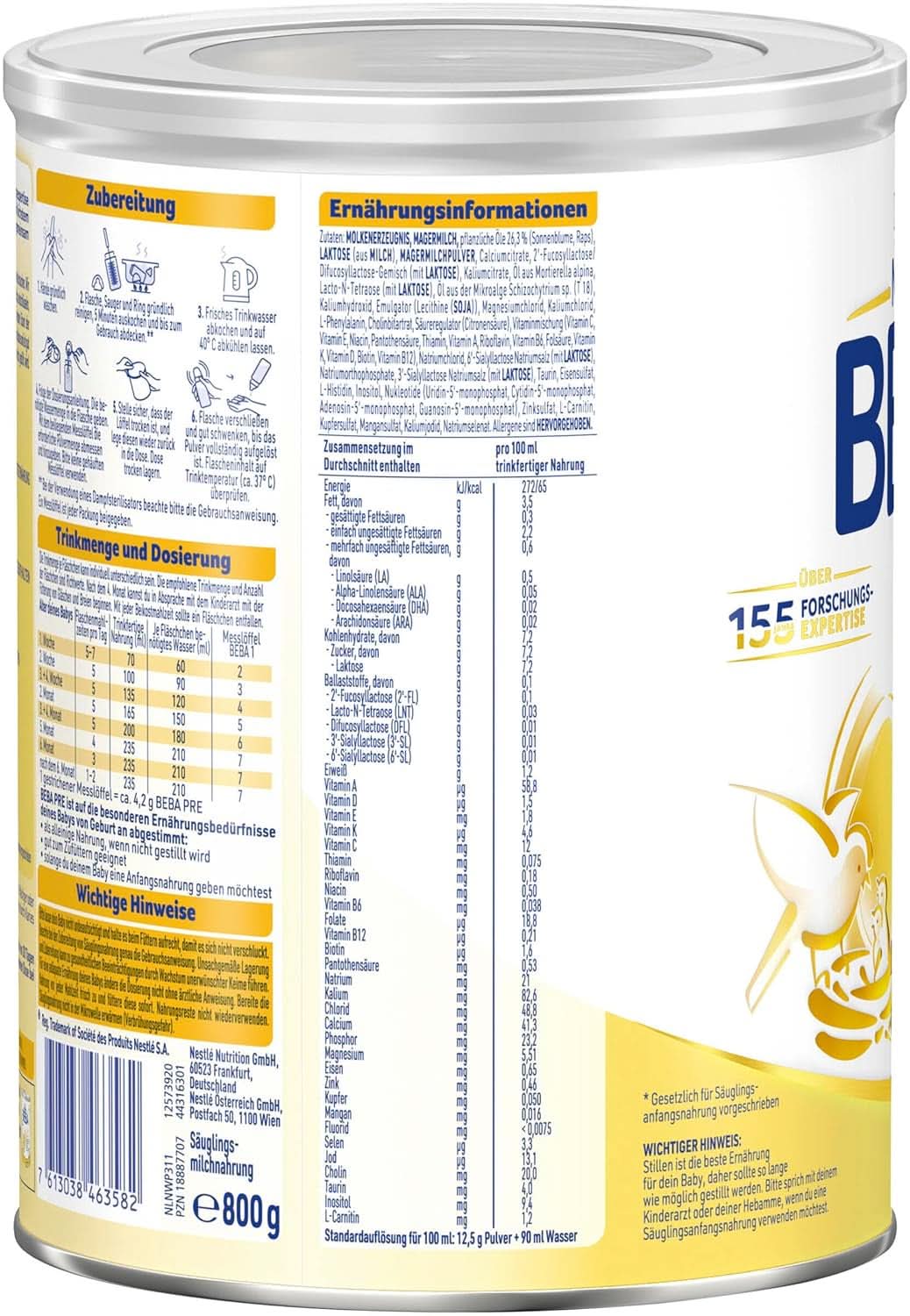 BEBA PRE Počáteční mléko od narození, dětská výživa s DHA, pouze laktóza, bez palmového oleje, balení 3 (3 x 800 g) Naty Shop