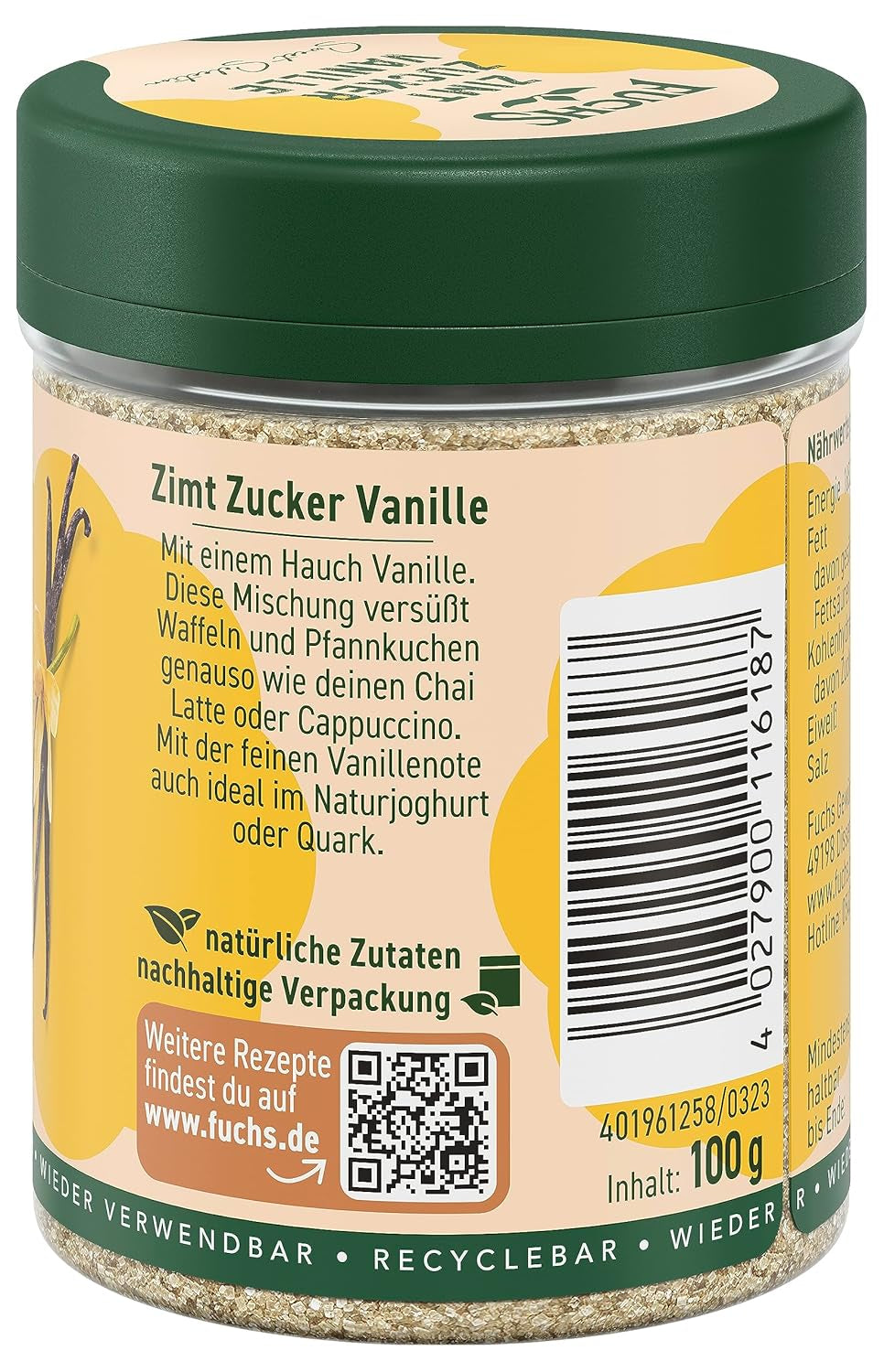 Fuchs Gewürze - Zimt Zucker Vanille - Gewürz zum Versüßen von Wafeln, Milchgetränken oder Joghurt - aus natürliche Ingredient - 100 g v wiederverwendbarer, recyclebarer Dose