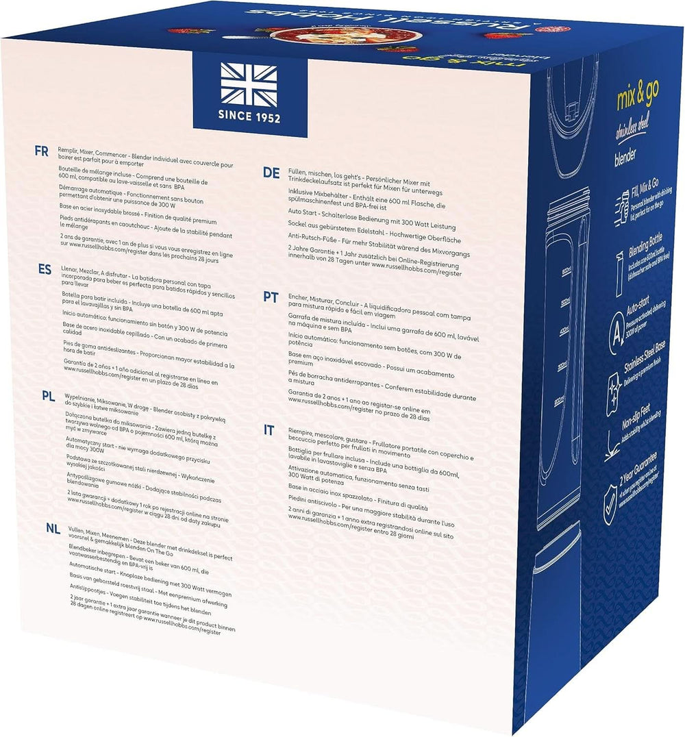 Mixér Russell Hobbs – Stojanový mixér a Smoothie Maker na spuštění [23 500 U/Min Power-Motor] Inkl. 1X Mixbehälter 600 ml (Bpa-Frei, Spülmaschinen- & Bruchfest Inkl. Deckel) Zerkleinerer, Edelstahl, 23472-56 Kitchen Naty Shop