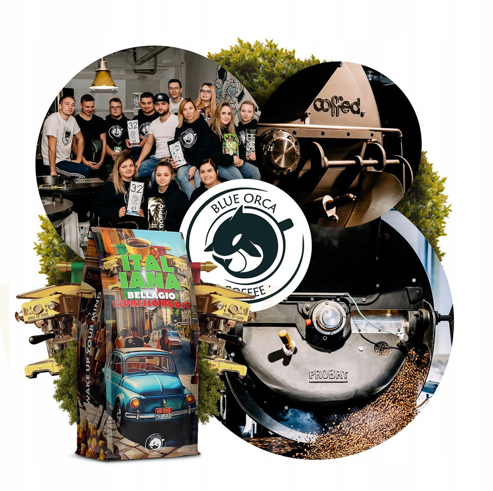 Boabe de cafea prăjite Italiana Bellagio 1kg | 80% Arabica și 20% Robusta | cu note de nuci și ciocolată neagră | proaspăt prăjită, aciditate scăzută | pentru aparate de cafea | Blue Orca Coffee