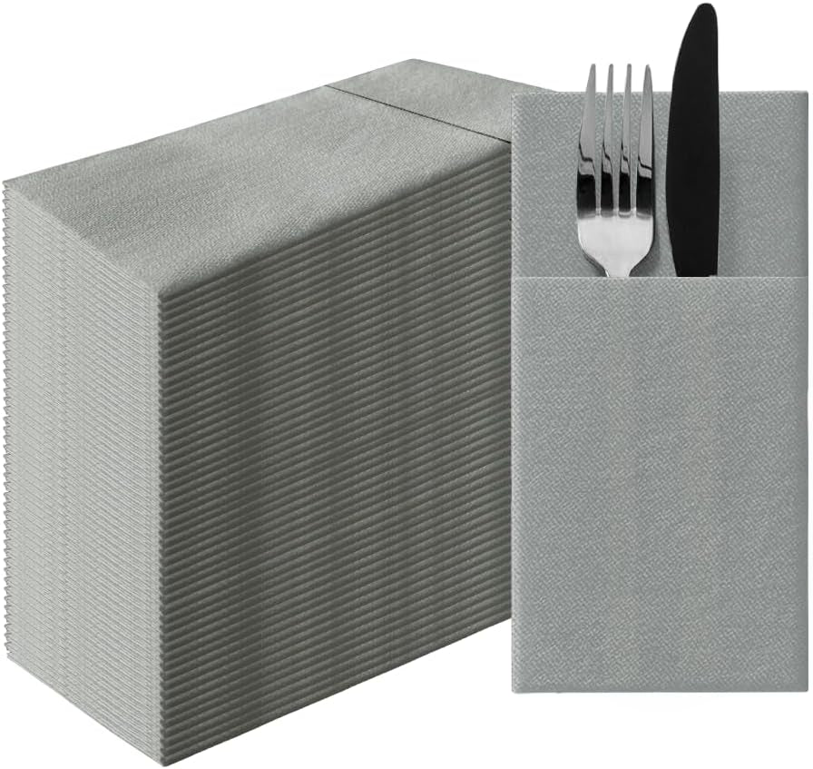 PAW - Șervețele pentru tacâmuri Airlaid - Fabric-like (39 X 40 Cm 1/8 fold) | 50 bucăți | Horeca | Ideal pentru nuntă, botez, comuniune, aniversare | Buzunare pentru tacâmuri | Gri