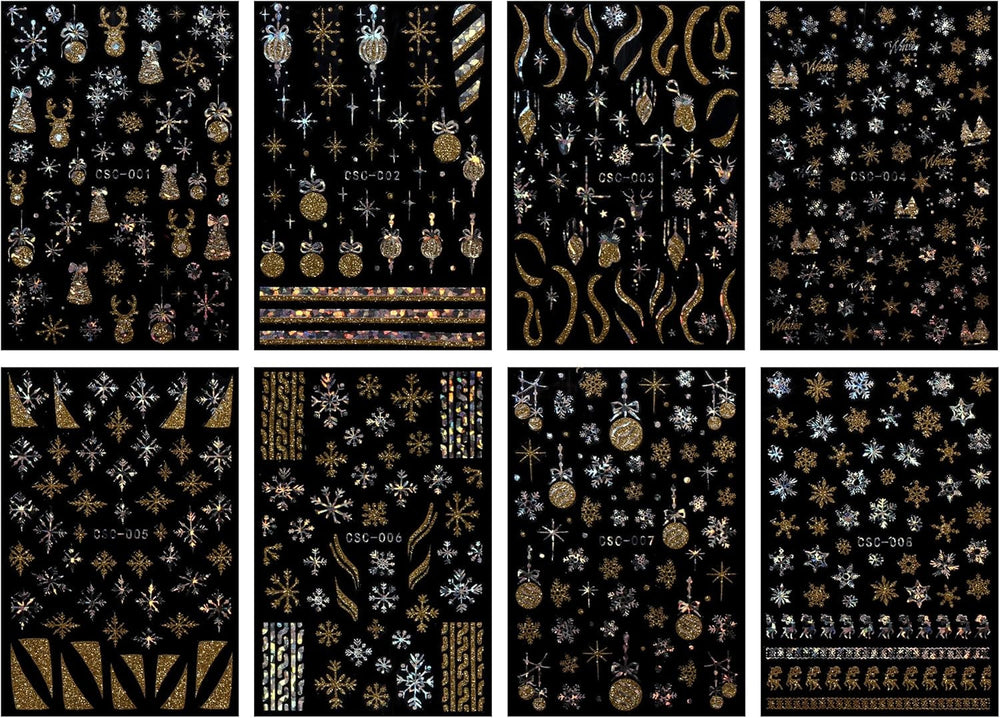 JMEOWIO Nagelsticker Weihnachten Gold Glitter Silber 8 Blatt Nail Art Sticker Selbstklebend Nagelaufkleber Schneeflocke Winterurlaub Dekoration Nageldesign Zubehör