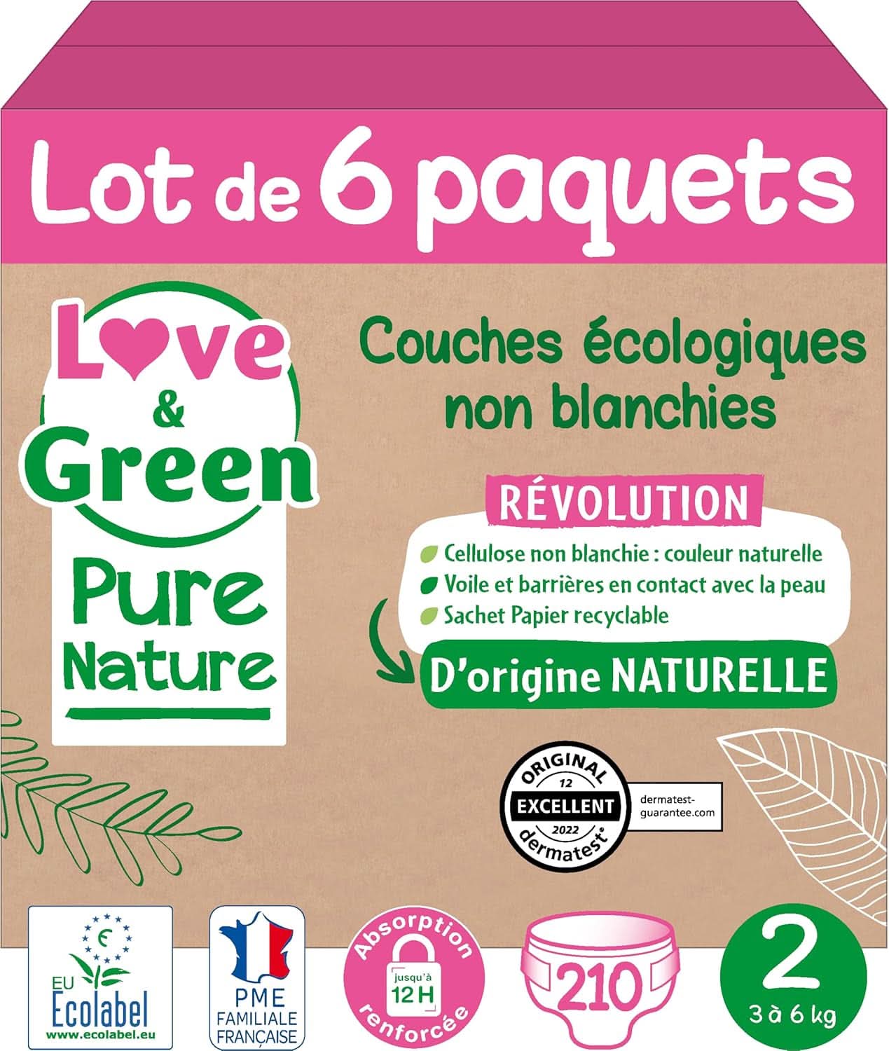 Love Green Nature, nebělené ekologické plenky, bez chlóru, různé velikosti Matka a dítě Naty Shop Velikost 2, 3 - 6 Kg 210 plen celkem