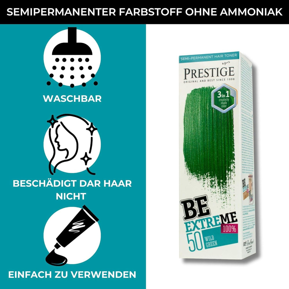 Vip's Prestige Be Extreme | Tonic semipermanent pentru păr 50 Wild Green | Pigment pur | Adaugă culoare părului vopsit sau cărunt | Rezultat temporar | Fără amoniac, fără parabeni, fără PPD Vopsea pentru par Naty Shop