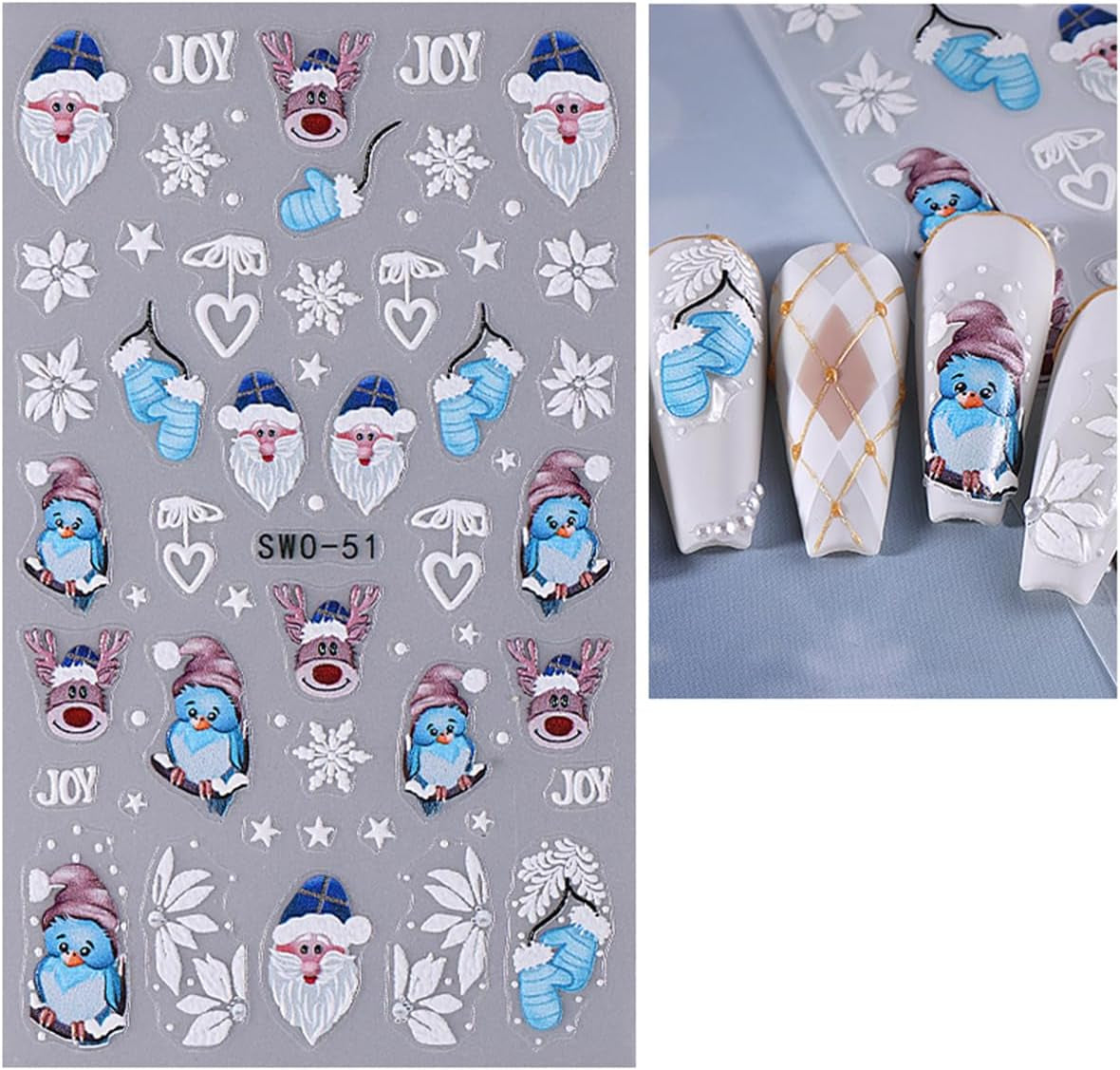 JMEOWIO Nagelsticker Weihnachten 6 Blatt Nail Art Sticker Selbstklebend Nagelaufkleber Schneeflocke Winter Urlaub Süß Dekoration Nageldesign Zubehör