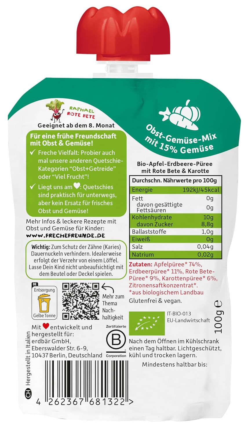 FRECHE FREUNDE Bio lisovatelný ovocný sáček s jablky, jahodami, červenou řepou a mrkví, ovocným a zeleninovým pyré v lisovatelném sáčku pro děti od 6 měsíců, veganské, balení 6 ks (6 x 100 g)