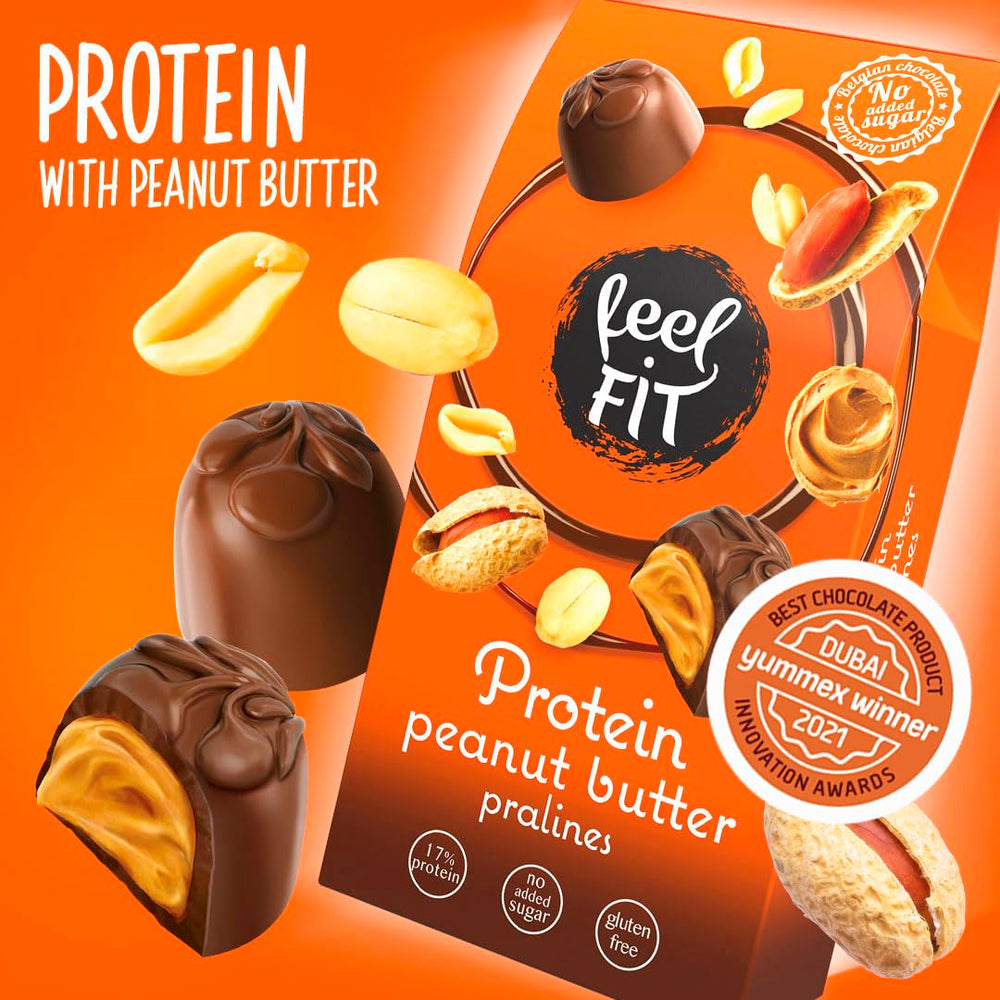 Feel FIT proteinové pralinky s arašídovým máslem ve vysoce kvalitní mléčné čokoládě, bez přidaného cukru, 17 % proteinu, bez lepku 66 g (1 balení)