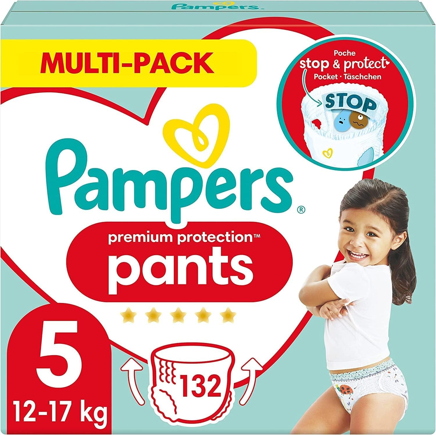 Pampers Premium Protection Pants velikost 5, 144 plen, 11 kg - 17 kg, s 360° nastavením a měkkými manžetami proti vytečení pro optimální pohodlí a ochranu