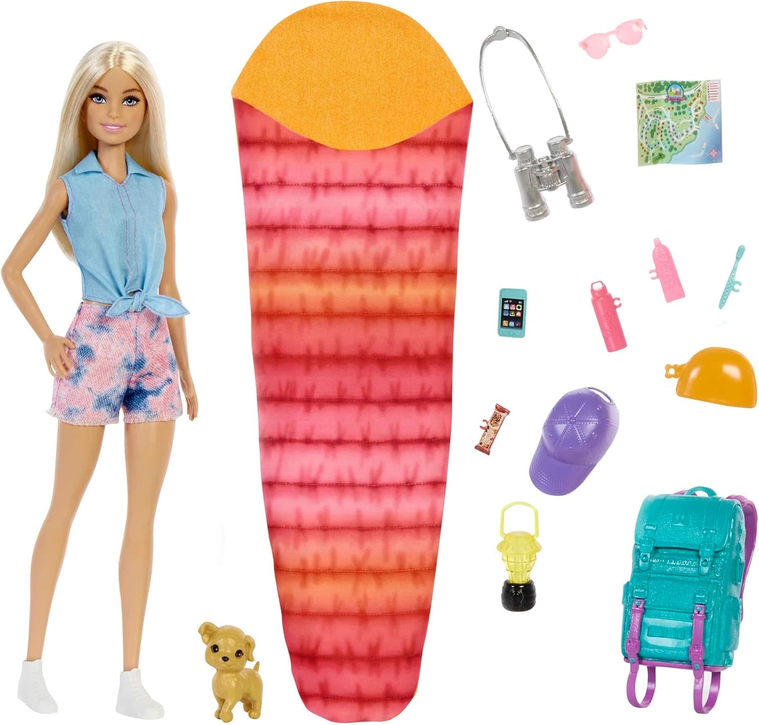 Barbie Camping Serie, 1x Puppe mit blonden Haaren, Wanderrucksack, Outdoor-Ausrüstung, Fernglas, Landkarte, Welpe, Zubehör, Geschenk für Kinder, Spielzeug ab 3 Jahre,HDF73