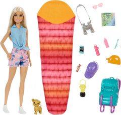 Barbie Camping Serie, 1x Puppe mit blonden Haaren, Wanderrucksack, Outdoor-Ausrüstung, Fernglas, Landkarte, Welpe, Zubehör, Geschenk für Kinder, Spielzeug ab 3 Jahre,HDF73