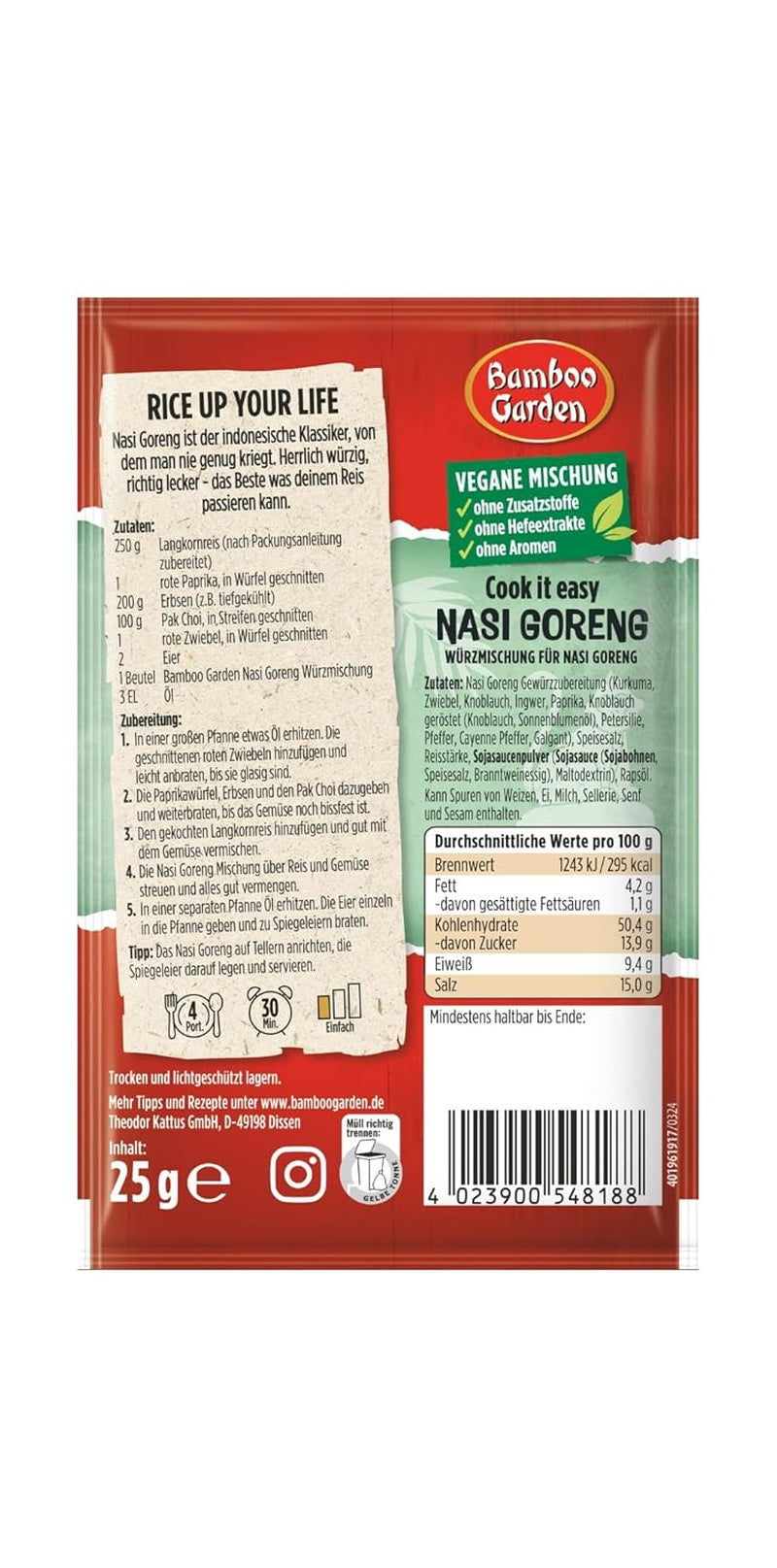 Bambusová zahrada - Nasi Goreng Würzmischung | Zum Würzen von asiatischen Reisgerichten | Na 4 porce | Vegan, bez Zusatzstoffe, bez Hefeextrakte, bez Aromen | 25 g v sáčku