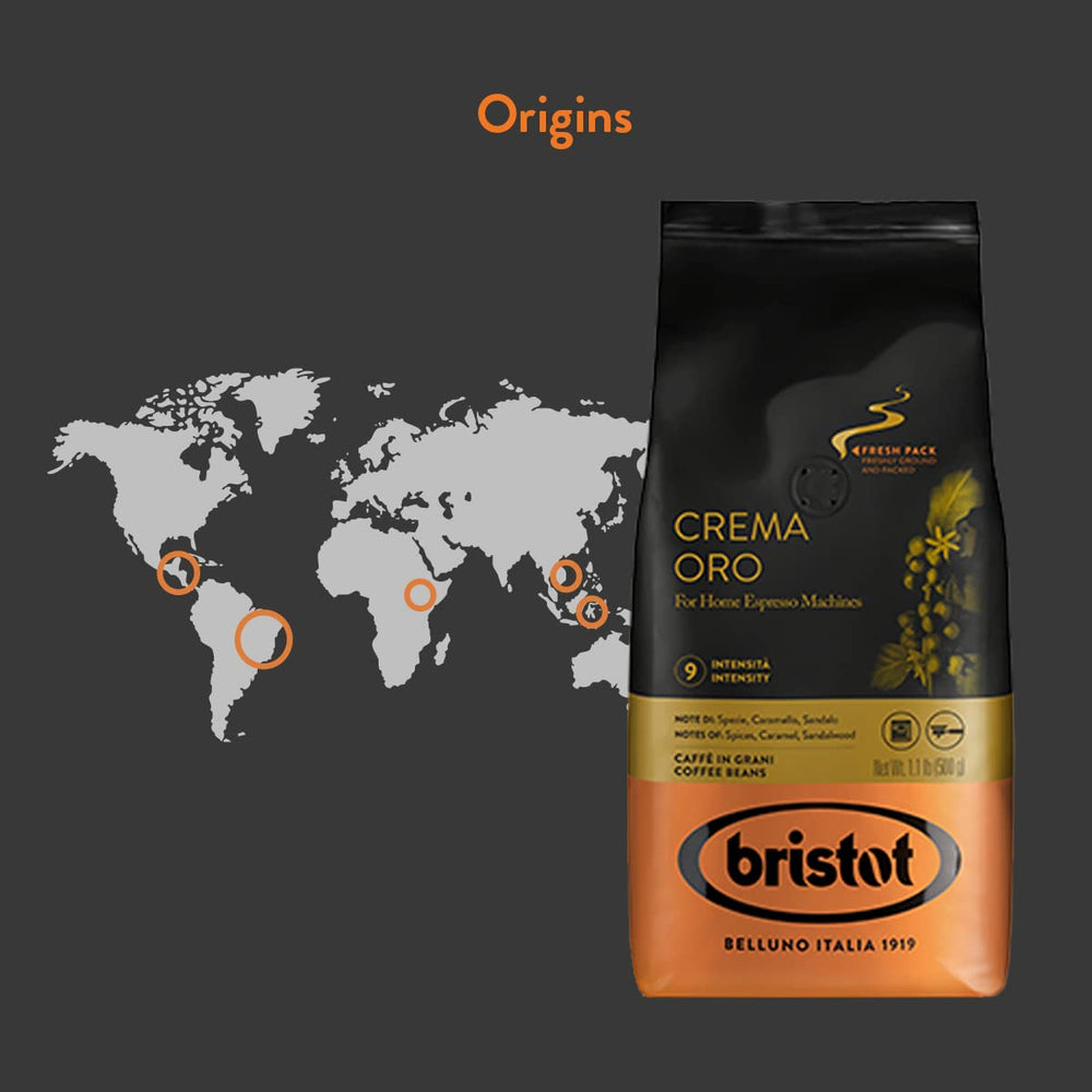 Bristot, Kaffeebohnen CREMA ORO – Insgesamt 1 kg – Mischung mit intensivem Aroma, süßem Geschmack, Gewürzen, Karamell, Sandelholznoten – Set mit 2 pro 500 g