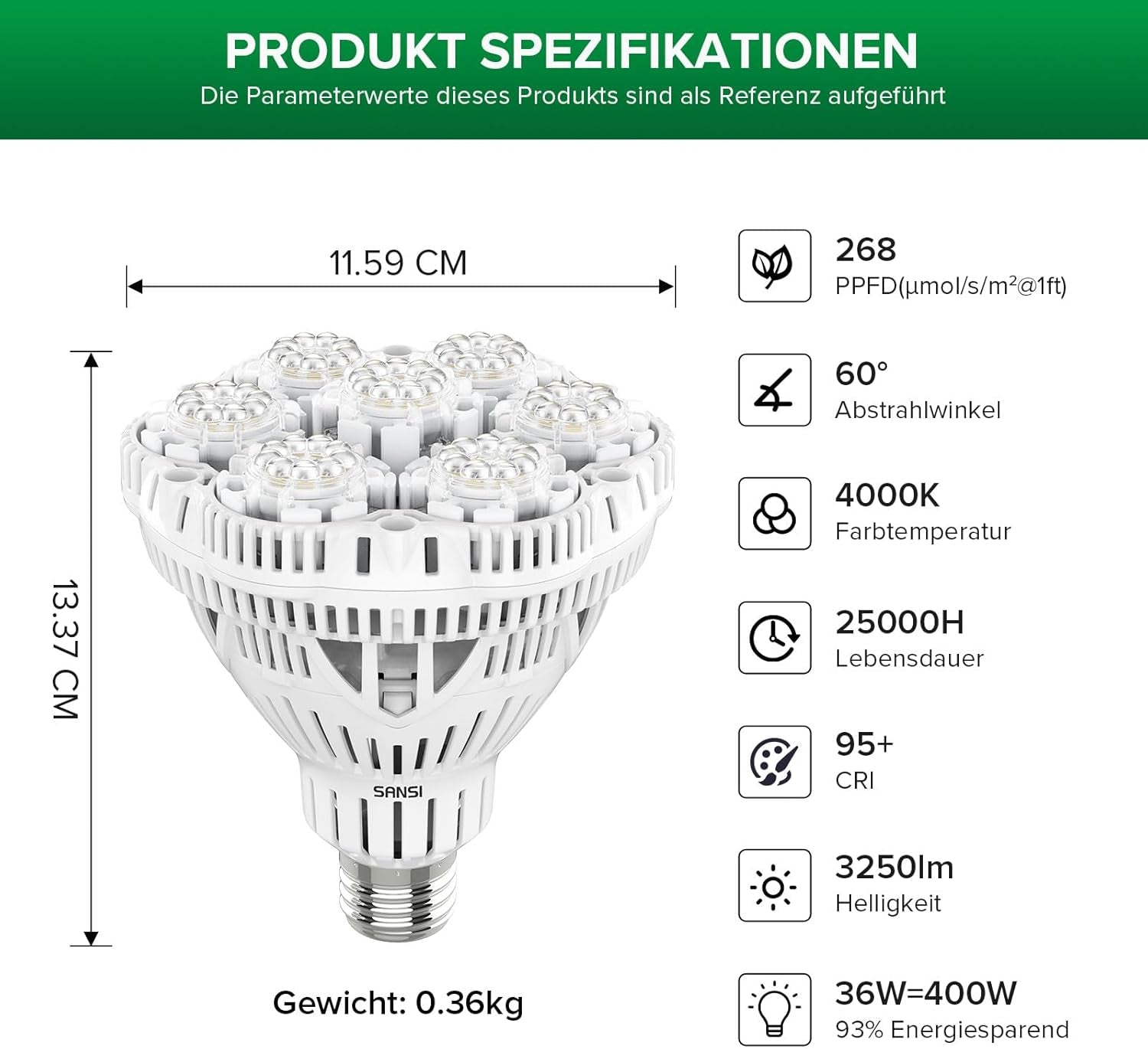 SANSI 36W Full Spectrum E27 Indoor Plant Plant Light Light Grow Light Vysoká PPFD růstová lampa pro skleníkovou zahradu Květinová zelenina Hydroponie Velikost Ø11,5 * 13,3 cm